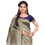Generic Women's Banarasi silk Saree with Blouse (Navy blue, 5-6mtr) - Image 2