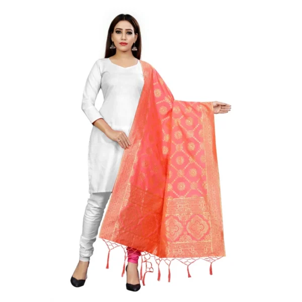 Generic Women's Banarasi Silk Floral Printed Dupatta (Peach, Length:2-2.4 mtr)