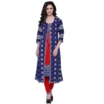 Generic Women's Cotton Printed Long Kurti (Blue, Red, Cotton)