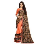 Generic Women's Lycra Blend Saree with Blouse (Orange, 5-6 Mtrs)