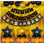 Generic Happy Birthday Decoration Combo Of Curtain And Metallic And Foil Balloons (Multicolor)