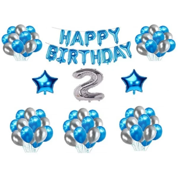 Generic 2Nd Happy Birthday Decoration Combo With Foil And Star Balloons (Blue, Silver)