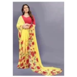 Generic Women's Georgette Printed Saree With Unstitched Blouse (Yellow) - Image 4