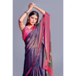 Generic Women's Viscose Rayon Printed Saree With Unstitched Blouse (Navy Blue) - Image 3