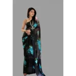 Generic Women's Satin Patta Printed Saree With Unstitched Blouse (Blue) - Image 4