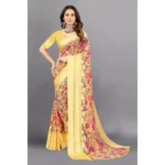Generic Women's Satin Patta Printed Saree With Unstitched Blouse (Yellow) - Image 4