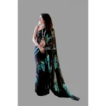 Generic Women's Satin Patta Printed Saree With Unstitched Blouse (Blue) - Image 5