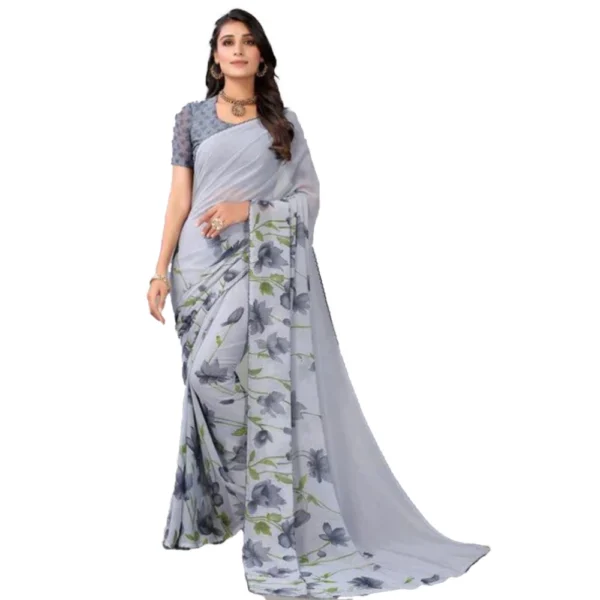 Generic Women's Georgette Printed Saree With Unstitched Blouse (Grey)