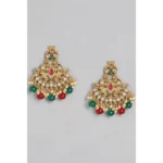 Generic Women's Rose Gold Plated Alloy Kundan Earrings & Mangtikka (Red & Green) - Image 2