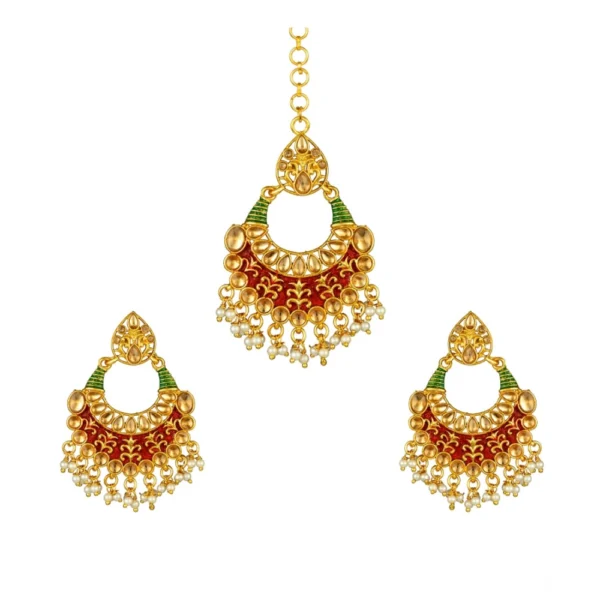 Generic Women's Rose Gold Plated Alloy Kundan Earrings & Mangtikka (Red & Green)