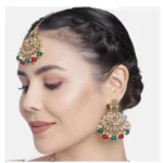 Generic Women's Rose Gold Plated Alloy Kundan Earrings & Mangtikka (Red & Green) - Image 5