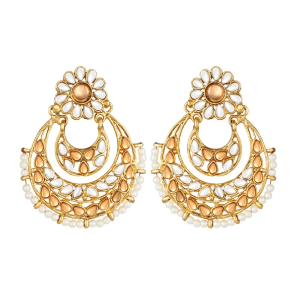 Generic Women's Rose Gold Plated Alloy Kundan Earrings & Mangtikka (White & Gold)