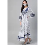 Generic Women's Casual Bell Sleeve Floral Printed Rayon Dress (White & Blue) - Image 5