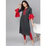 Generic Women's Casual Bell Sleeves Mirror Work Cotton Slub Kurti (Grey) - Image 3