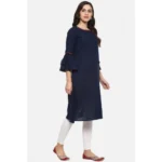 Generic Women's Casual Bell Sleeves Solid Cotton Slub Kurti (Blue) - Image 3