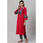 Generic Women's Casual Bell Sleeves Floral Printed Cotton Kurti Set (Rani Pink) - Image 4