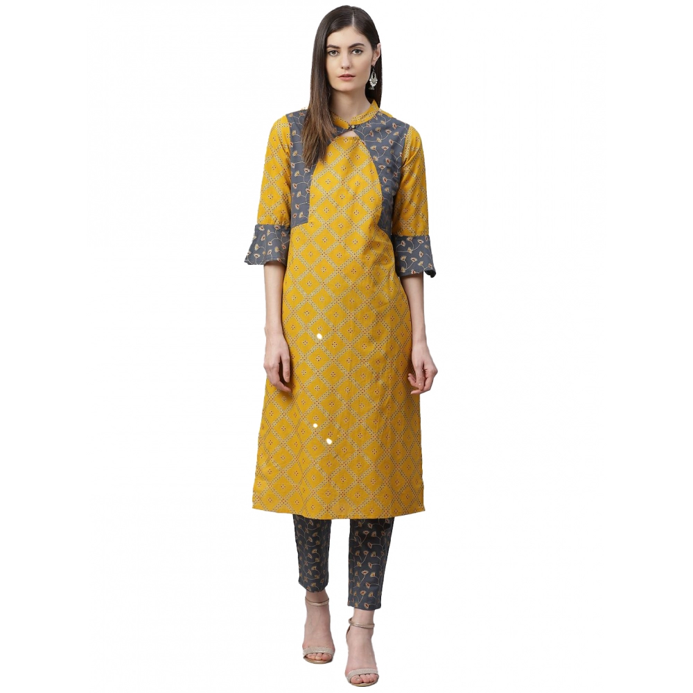 53591061880_cb1aa5848a_o_d-1000x1000-1.webp Generic Women's Casual Bell Sleeves Geomatrical Printed Cotton Kurti Set (Yellow) - Image 1