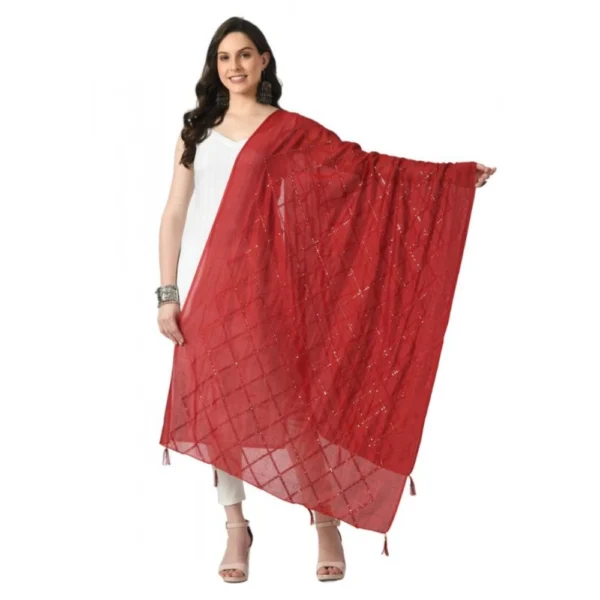 Generic Women's Chanderi Self Design Dupatta (Maroon, Length: Free Size)