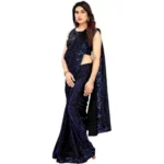 Generic Women's Lycra Floral Saree With Unstitched Blouse (Blue, 5.5 Mtr) - Image 3