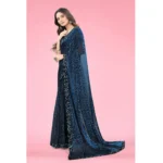 Generic Women's Lycra Floral Saree With Unstitched Blouse (Blue, 5.5 Mtr) - Image 5