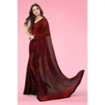 Generic Women's Lycra Floral Saree With Unstitched Blouse (Maroon, 5.5 Mtr) - Image 4