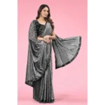 Generic Women's Lycra Floral Saree With Unstitched Blouse (Grey, 5.5 Mtr) - Image 4