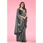 Generic Women's Lycra Floral Saree With Unstitched Blouse (Grey, 5.5 Mtr) - Image 3