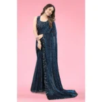 Generic Women's Lycra Floral Saree With Unstitched Blouse (Blue, 5.5 Mtr) - Image 3