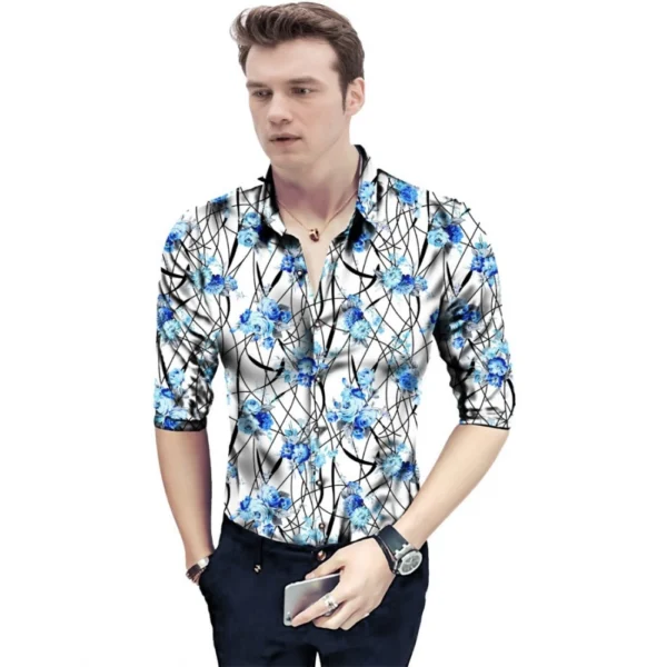 Generic Men's Casual Floral Printed Cotton Blend Unstitched Shirt Fabric 1.6 Mtrs (Blue)