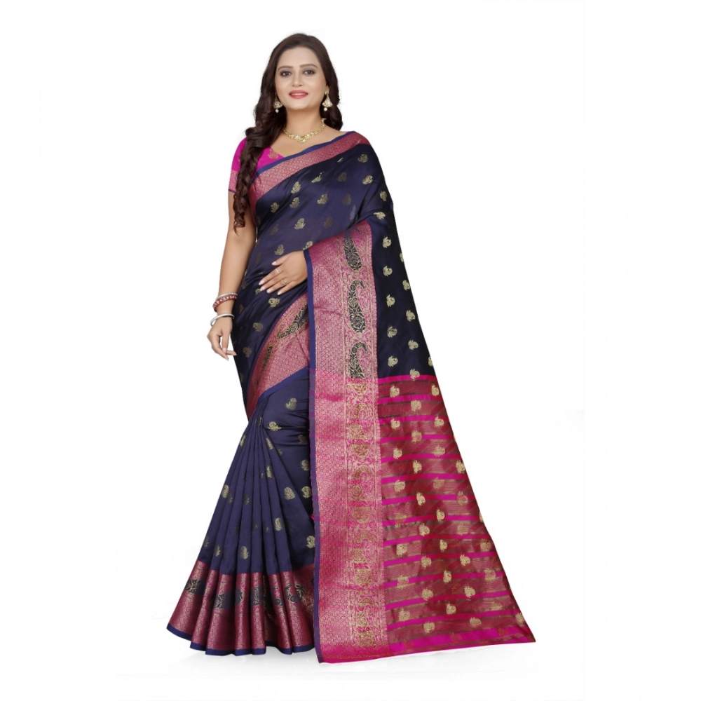 53925200592_b664768ac9_o_d-1000x1000-1.webp Generic Women's Jacquard Woven Saree With Unstitched Blouse 5.5Mtr (Dark Blue) - Image 1