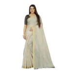 Generic Women's Cotton Blend Solid/Plain Saree With Unstitched Blouse 5.5Mtr (Cream)