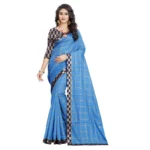 Generic Women's Cotton Silk Checkered Saree With Unstitched Blouse 5.5Mtr (Light Blue)