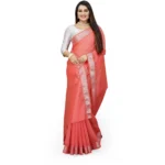Generic Women's Cotton Silk Self Design Saree With Unstitched Blouse 5.5Mtr (Orange) - Image 3