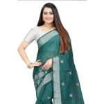 Generic Women's Cotton Silk Embroidered Saree With Unstitched Blouse 5.5Mtr (Dark Green) - Image 2