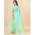 Generic Women's Cotton Silk Striped Saree With Unstitched Blouse 5.5Mtr (Blue) - Image 3