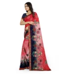 Generic Women's Georgette Floral Print Saree With Unstitched Blouse 5.5Mtr (Red-Blue) - Image 3