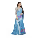 Generic Women's Cotton Silk Embroidered Saree With Unstitched Blouse 5.5Mtr (Light Blue) - Image 3