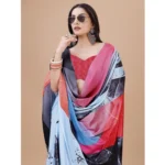Generic Women's Crepe Digital Print Saree With Unstitched Blouse 5.5Mtr (Light Blue) - Image 3