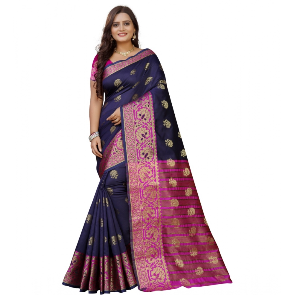53926100666_6a0260590d_o_d-1000x1000-1.webp Generic Women's Silk Blend Woven Saree With Unstitched Blouse 5.5Mtr (Dark Blue-Pink) - Image 1