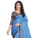 Generic Women's Cotton Silk Checkered Saree With Unstitched Blouse 5.5Mtr (Light Blue) - Image 2