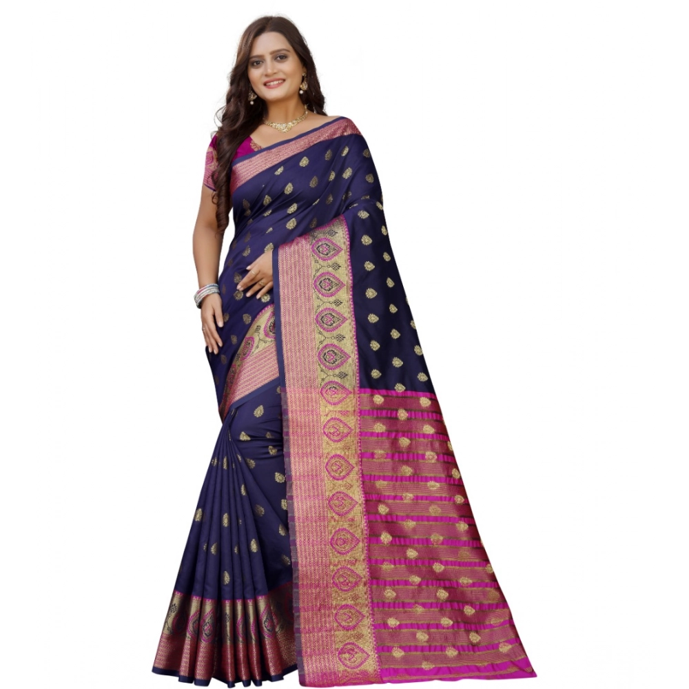 53926103551_5b052e8781_o_d-1000x1000-1.webp Generic Women's Silk Blend Woven Saree With Unstitched Blouse 5.5Mtr (Dark Blue-Pink) - Image 1