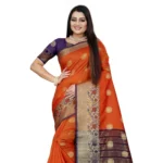 Generic Women's Silk Blend Woven Saree With Unstitched Blouse 5.5Mtr (Blue-Orange) - Image 2