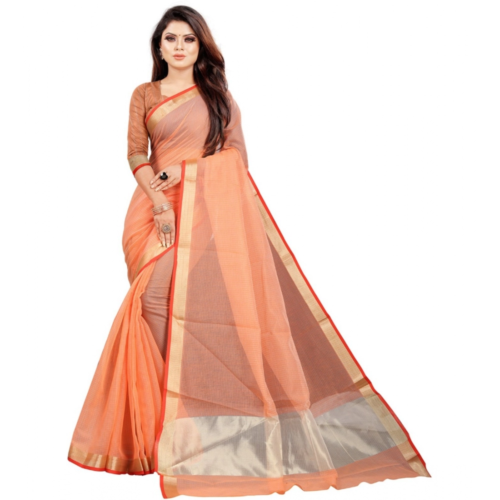 53926103921_216b95efda_o_d-1000x1000-1.webp Generic Women's Cotton Silk Checkered Saree With Unstitched Blouse 5.5Mtr (Orange) - Image 1