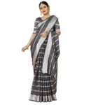 Generic Women's Cotton Silk Striped Saree With Unstitched Blouse 5.5Mtr (Grey) - Image 2