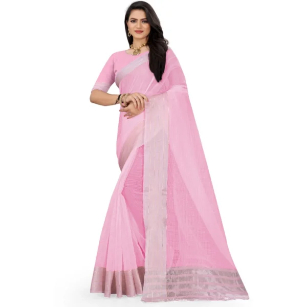 Generic Women's Cotton Jute Self Design Saree With Unstitched Blouse 5.5Mtr (Pink)