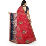 Generic Women's Georgette Floral Print Saree With Unstitched Blouse 5.5Mtr (Red-Blue) - Image 2