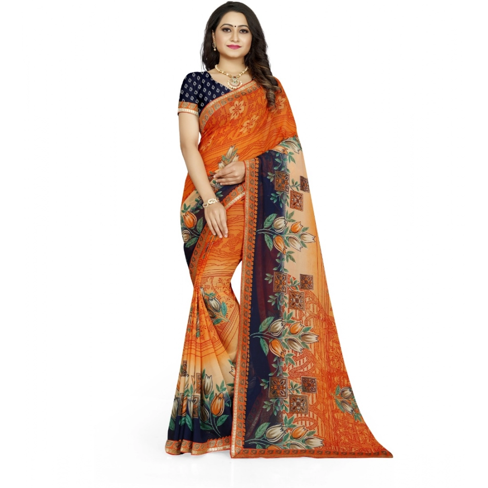 53926108151_283789ac3f_o_d-1000x1000-1.webp Generic Women's Georgette Floral Print Saree With Unstitched Blouse 5.5Mtr (Blue-Orange) - Image 1