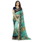 Generic Women's Georgette Floral Print Saree With Unstitched Blouse 5.5Mtr (Light Blue)
