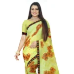 Generic Women's Georgette Floral Print Saree With Unstitched Blouse 5.5Mtr (Brown-Mustard) - Image 2