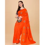 Generic Women's Silk Blend Embroidered Saree With Unstitched Blouse 5.5Mtr (Orange) - Image 4